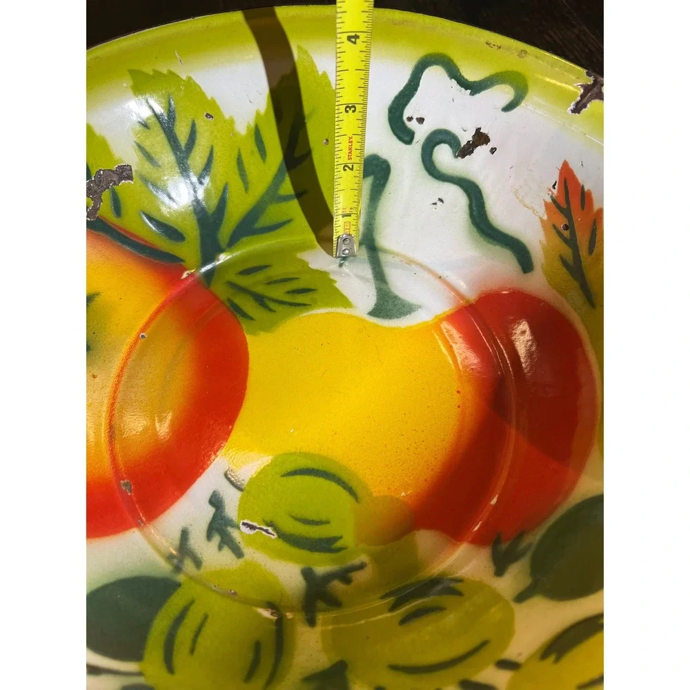 VTG Mid Century Enamel Bowl Fruit Apples Leaves Design Yellow Green Red Rustic